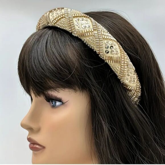 DIAMOND PATTERN GOLD JEWELED rhinestone sequin headband - Picture 2 of 7